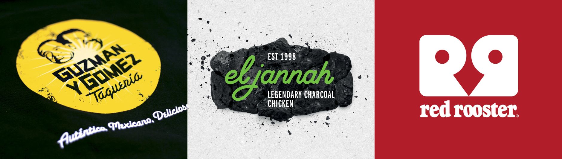 Brand identity projects for Guzman y Gomez, El Jannah and Red Rooster by The Creative Method.