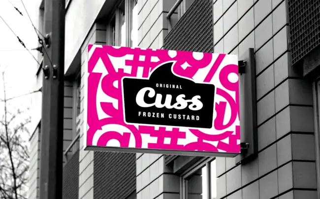 CUSS Frozen Custard brand identity on an illuminated street sign